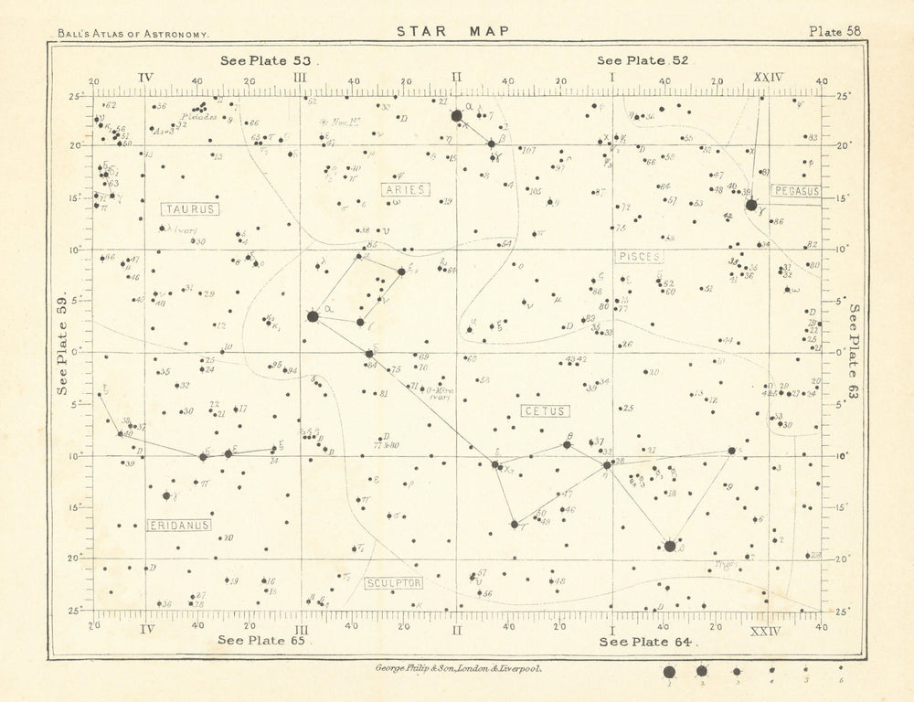 Star map night sky Aries Cetus Eridanus Pegasus Pisces Sculptor Taurus 1892