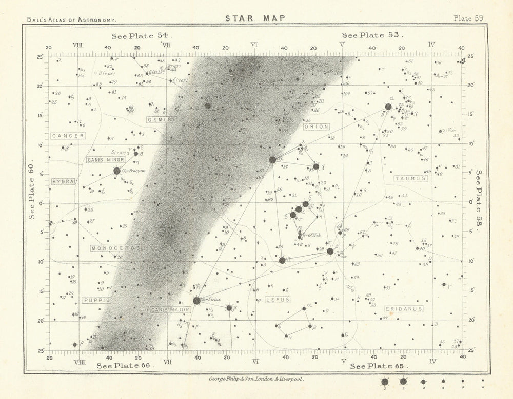 Star map night sky Cancer Canis Gemini Hydra Lepus Orion Puppis Taurus 1892