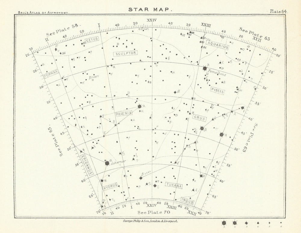 Star map night sky Aquarius Cetus Fornax Grus Indus Phoenix Piscis Sculptor 1892