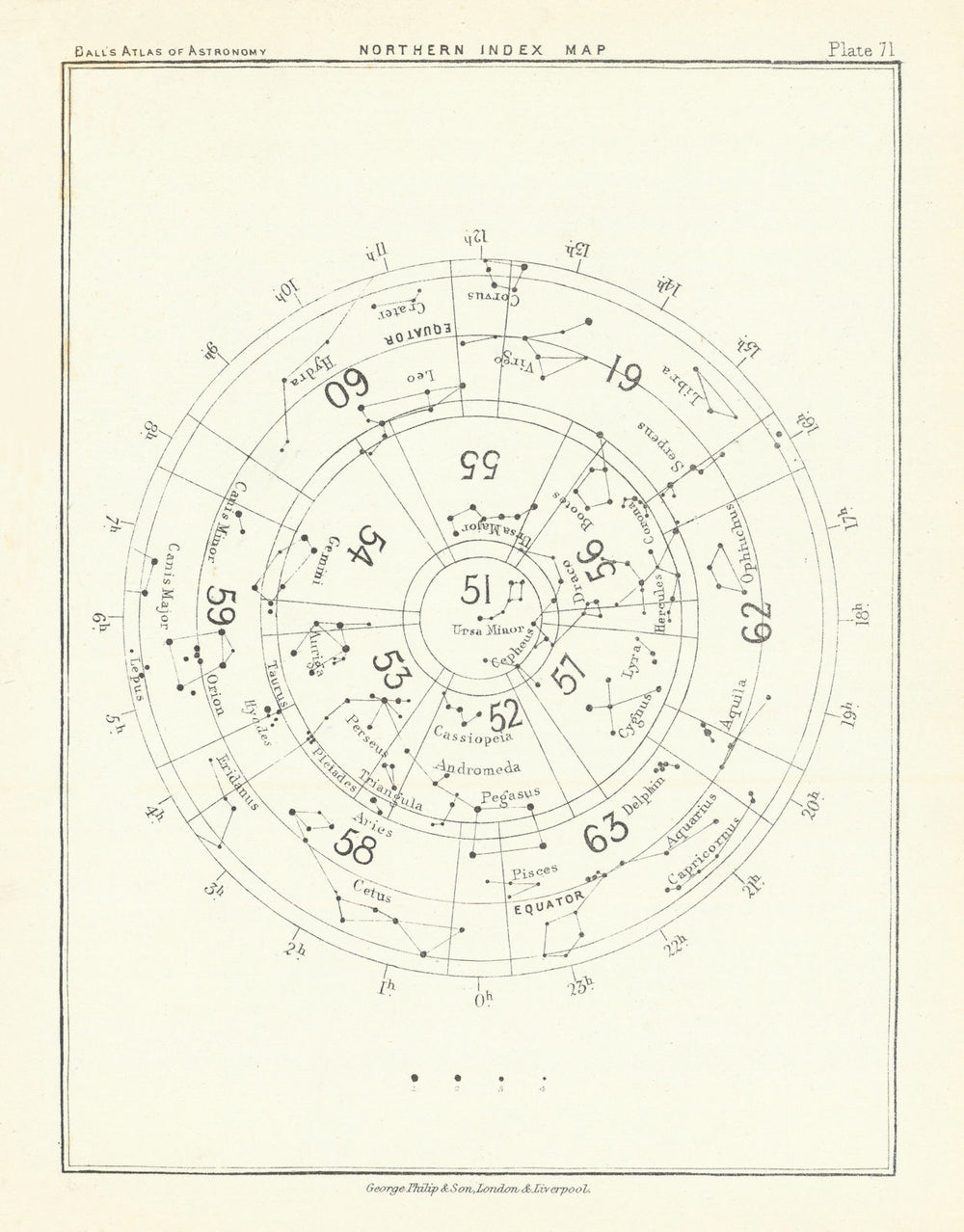 Night Sky Star Chart. Northern Index Map by Robert Ball. Astronomy 1892