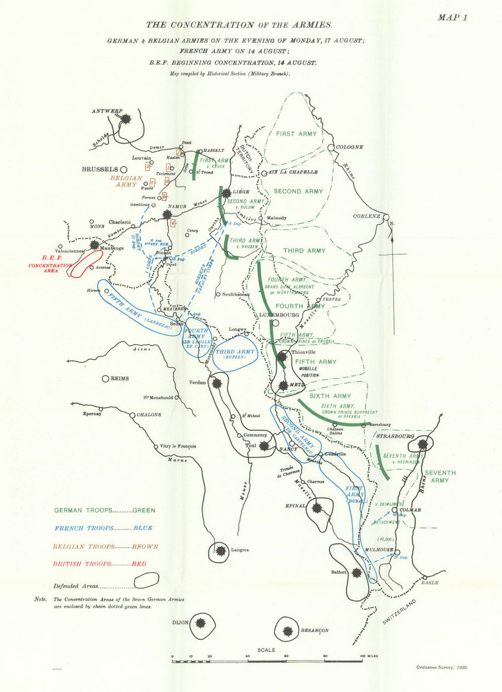 Western Front 14-17 August 1914. German Belgian French Armies B.E.F. 1933 map