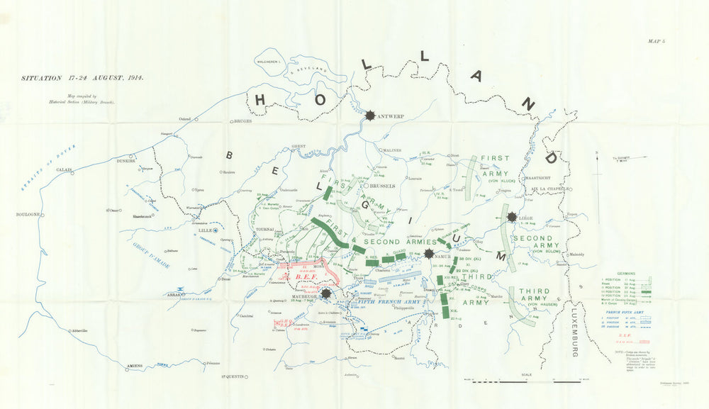 Situation 17-24 August 1914. Battle of the Frontiers. First World War. 1933 map