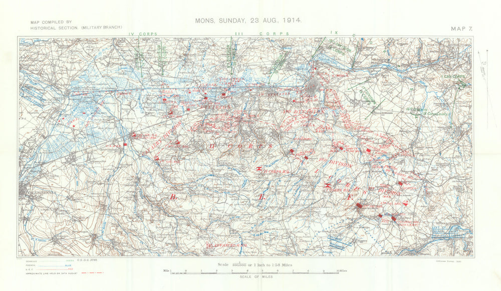 Mons, 23 Aug, 1914. Battle of Mons. First World War. 1933 old vintage map