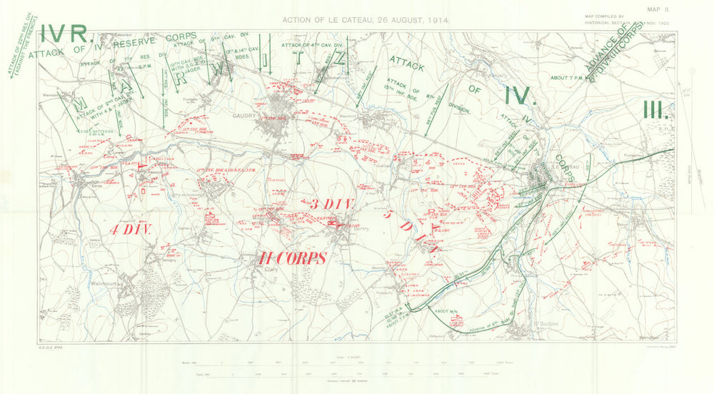 Battle of Le Cateau, 26 August, 1914. First World War. 1933 old vintage map