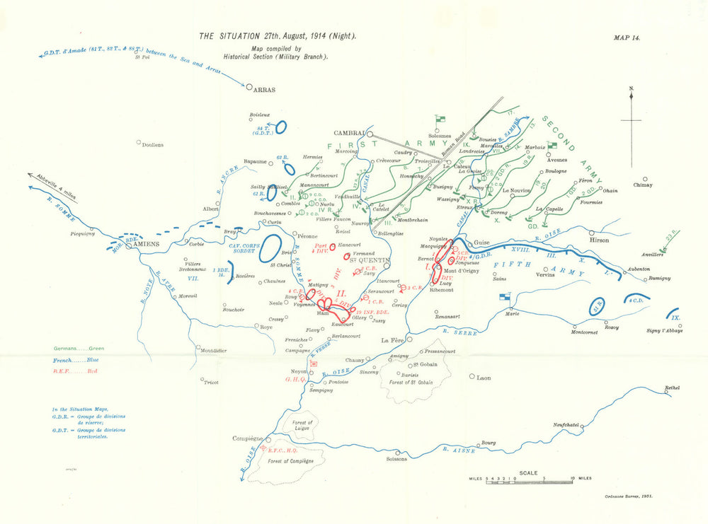 Great Retreat. Western Front 27th August 1914 night. First World War. 1933 map