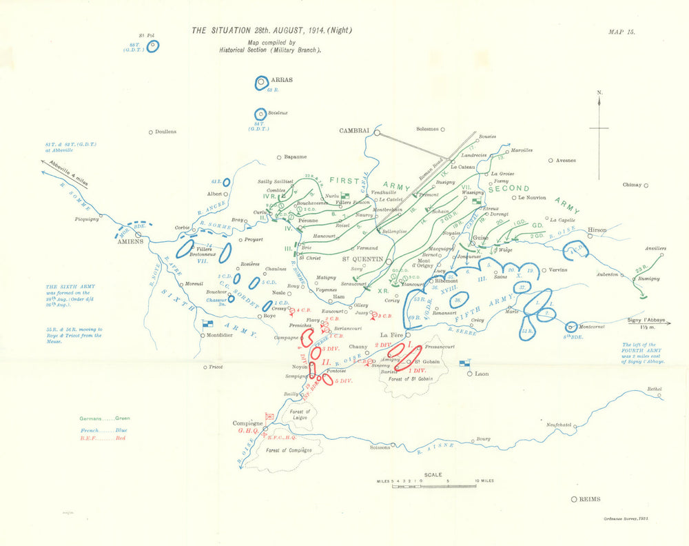 Great Retreat. Western Front 28th August 1914 night. First World War. 1933 map