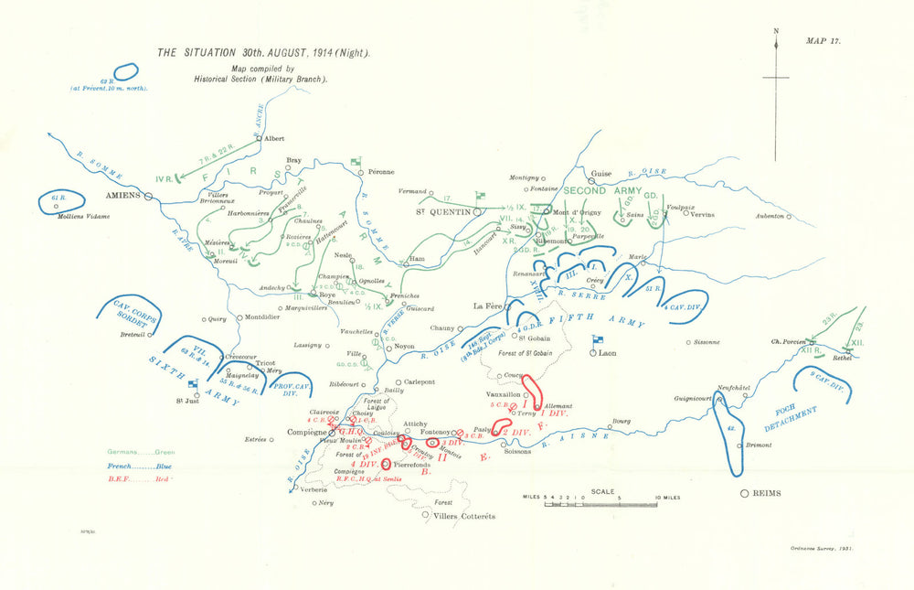 Great Retreat. Western Front 30th August 1914 night. First World War. 1933 map