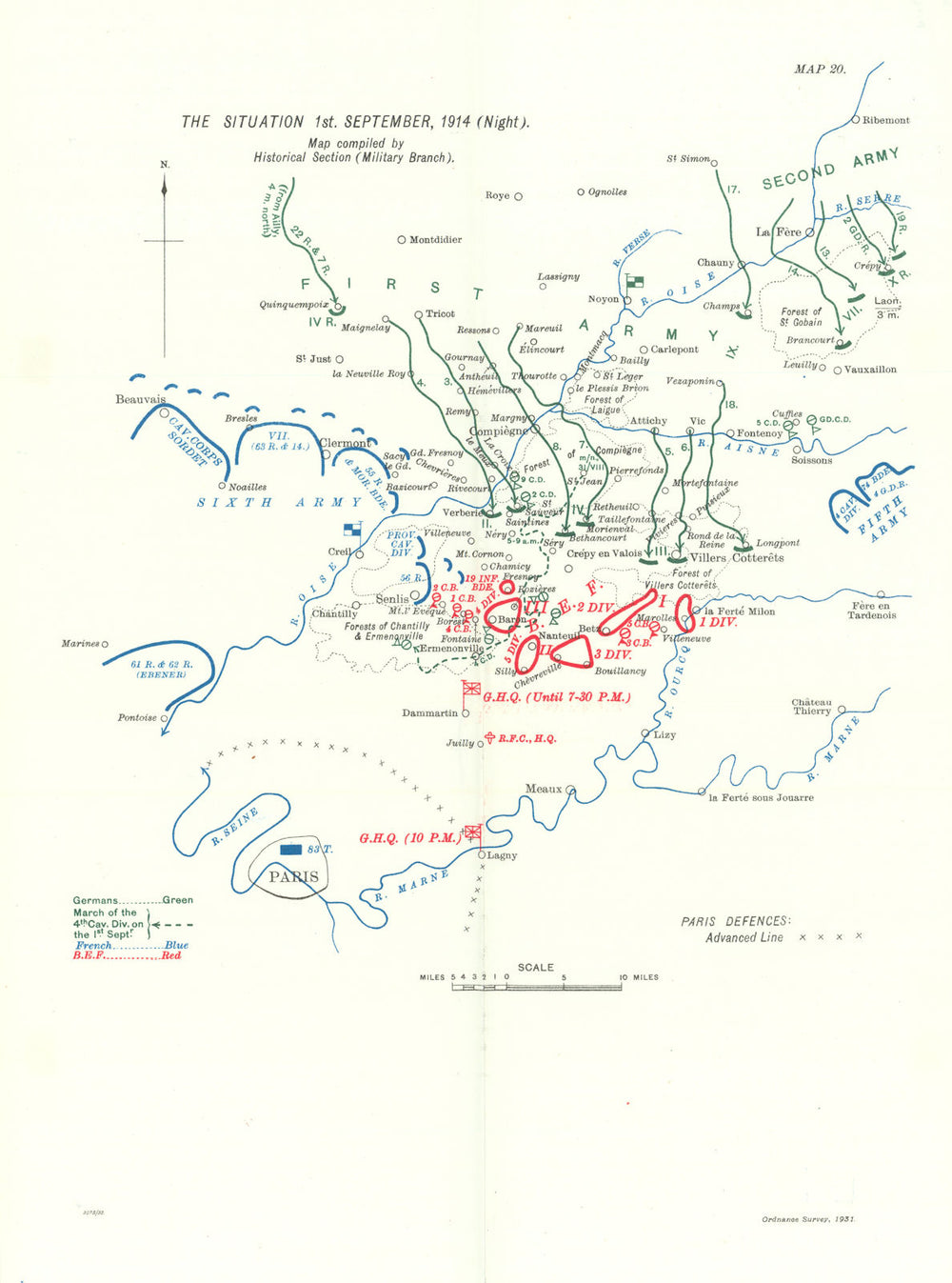 Great Retreat. Western Front 1st September 1914 night. First World War. 1933 map