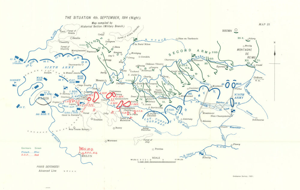 Great Retreat. Western Front 4th September 1914 night. First World War. 1933 map