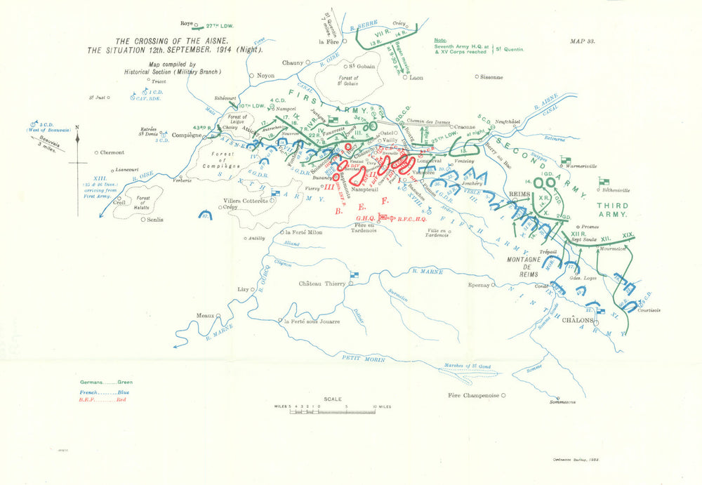 Crossing the Aisne, 12th September 1914 night. First World War. 1933 old map