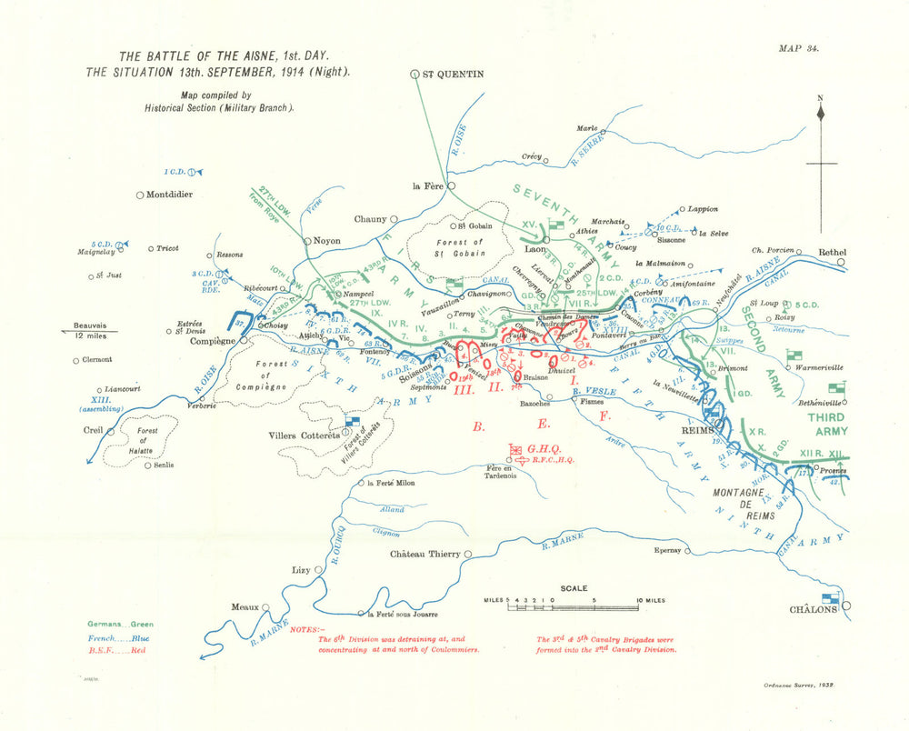 Battle of the Aisne, 13th September 1914 night. First World War. 1933 old map