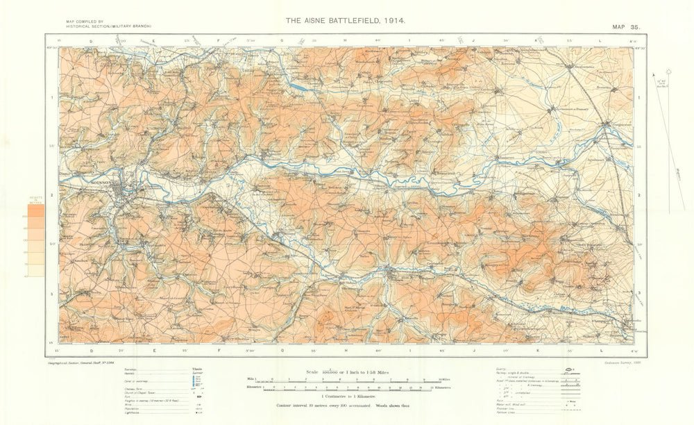 The Aisne Battlefield, 1914. Battle of the Aisne. First World War. 1933 map