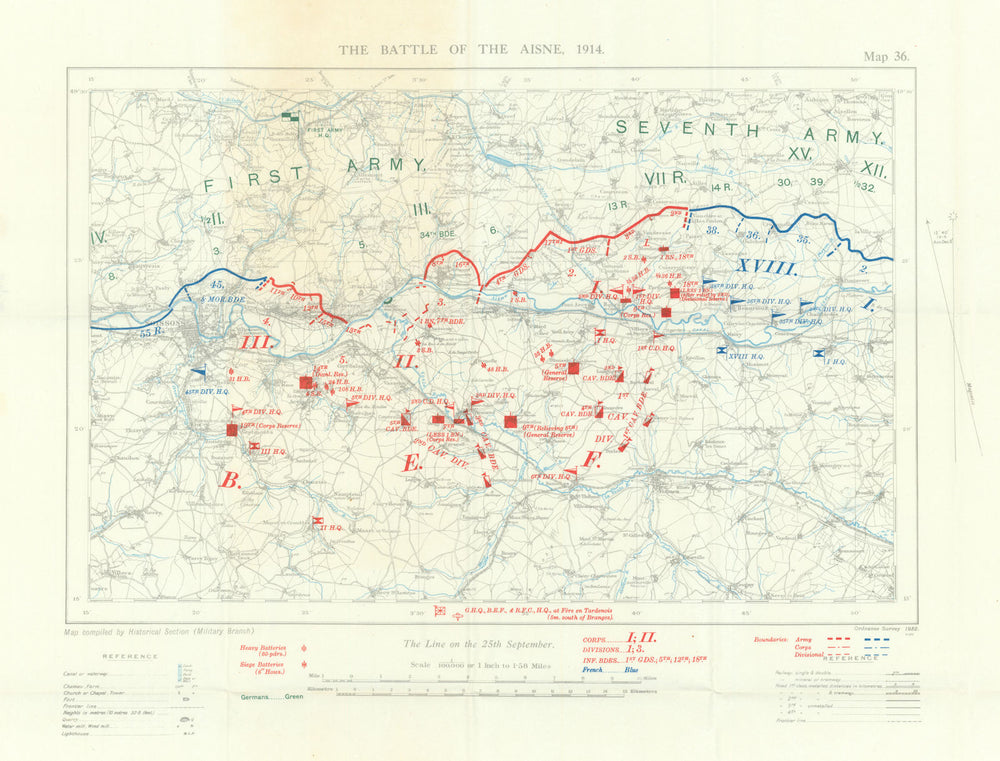 The Battle of the Aisne, 1914. First World War. 1933 old vintage map chart