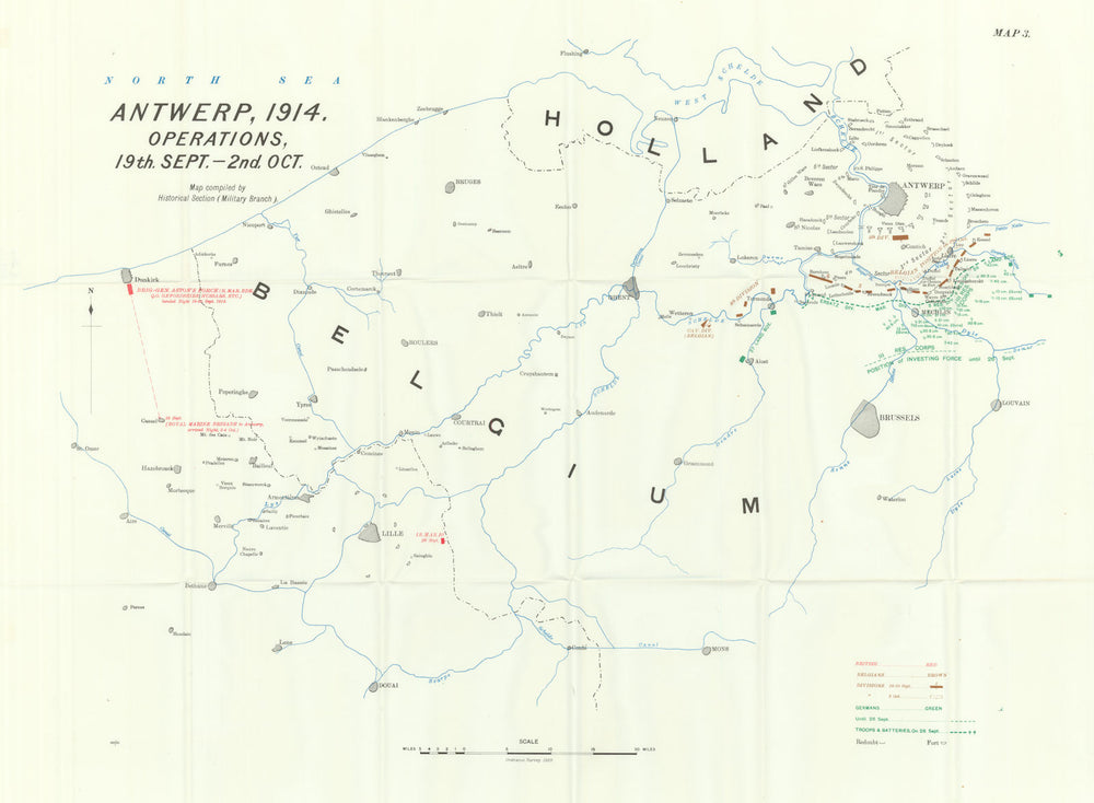 Battle of Antwerp, 1914. Operations 19th Sept-2nd Oct. First World War. 1933 map