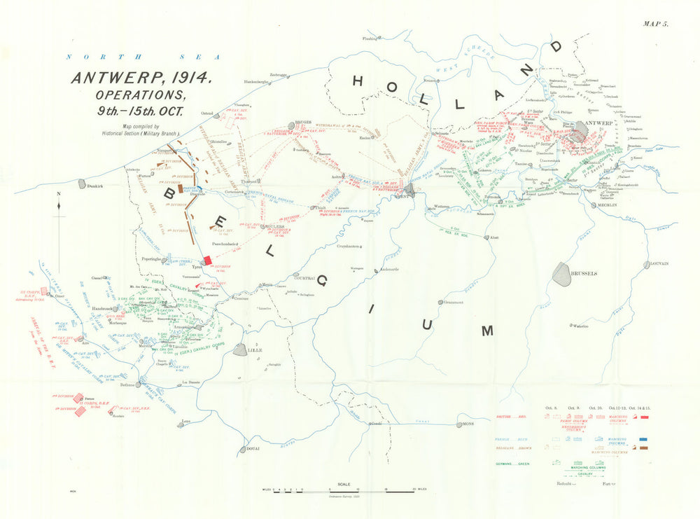 Battle of Antwerp, 1914. Operations, 9th-15th Oct. First World War. 1933 map