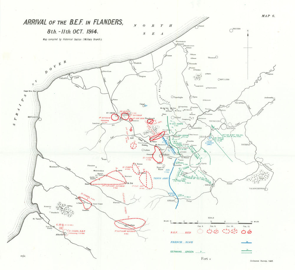 B.E.F. arrival in Flanders, 8th-11th October 1914. First World War. 1933 map