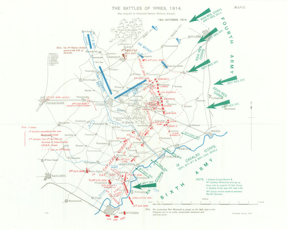 Battle of Ypres 1914. 19th October 1914. First World War. 1933 old vintage map