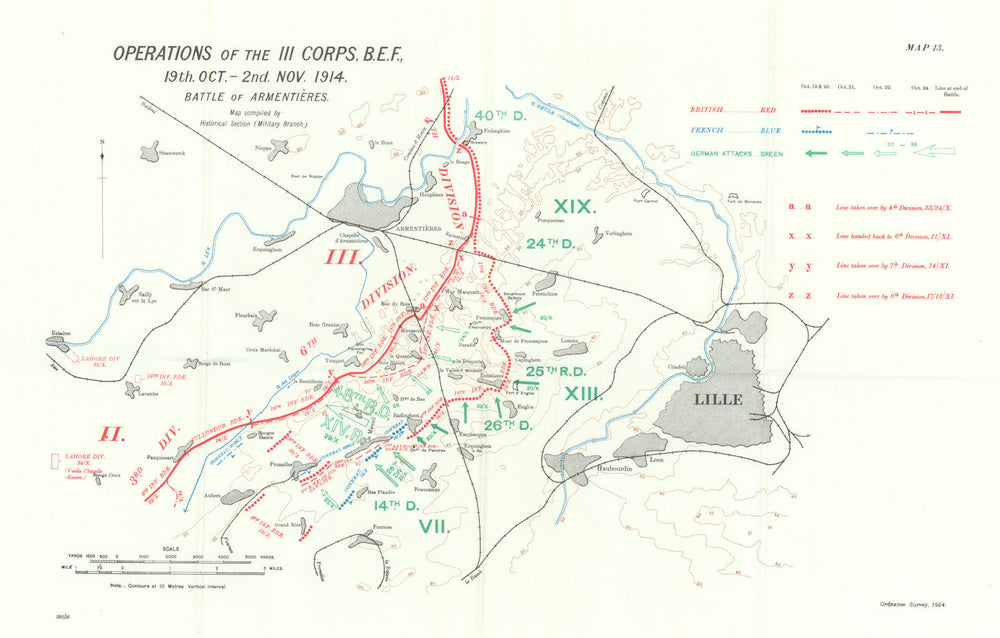Battle of Armentières. III Corps B.E.F. 19th Oct-2nd Nov, 1914. WW1. 1933 map