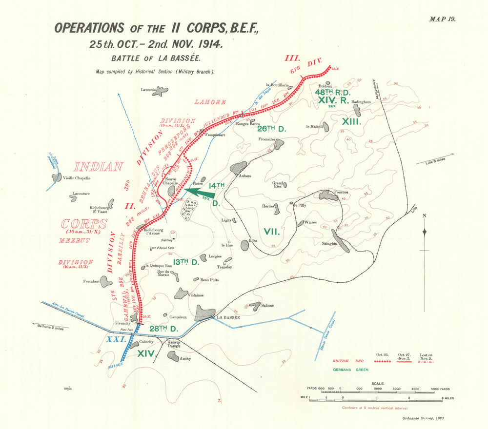 Battle of La Bassée, 25th Oct-2nd Nov 1914. II Corps Ops. WW1. 1933 old map