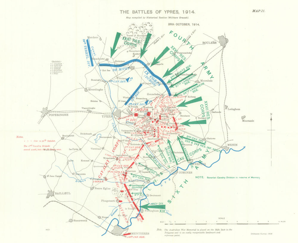 Battle of Ypres 1914. 26th October 1914. First World War. 1933 old vintage map
