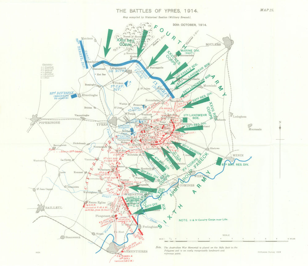 Battle of Ypres 1914. 30th October 1914. First World War. 1933 old vintage map