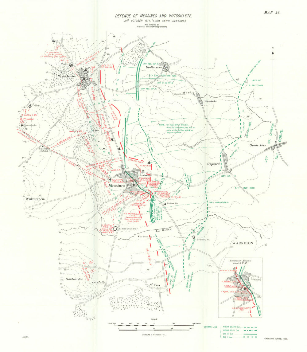 Defence of Messines & Wytschaete, 31st October 1914 from dawn. WW1. 1933 map