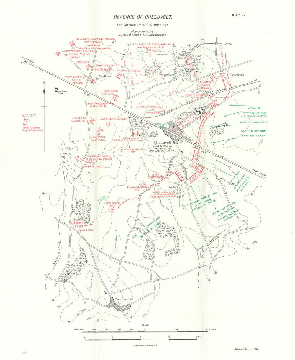 Defence of Gheluvelt. 31st October 1914. Battle of Ypres. WW1. 1933 old map