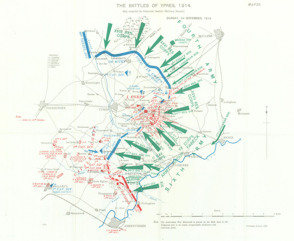 Battle of Ypres, 1st November, 1914. First World War. 1933 old vintage map