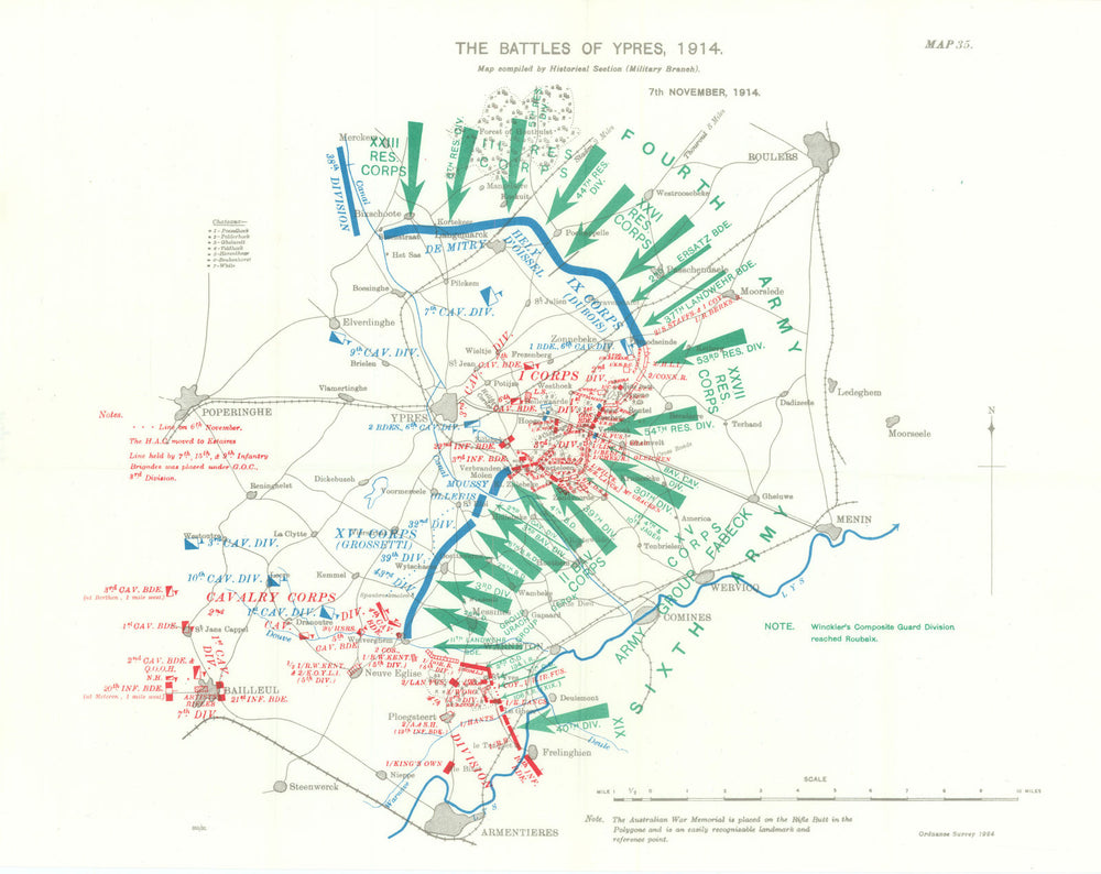 Battle of Ypres 1914. 7th November, 1914. First World War. 1933 old map