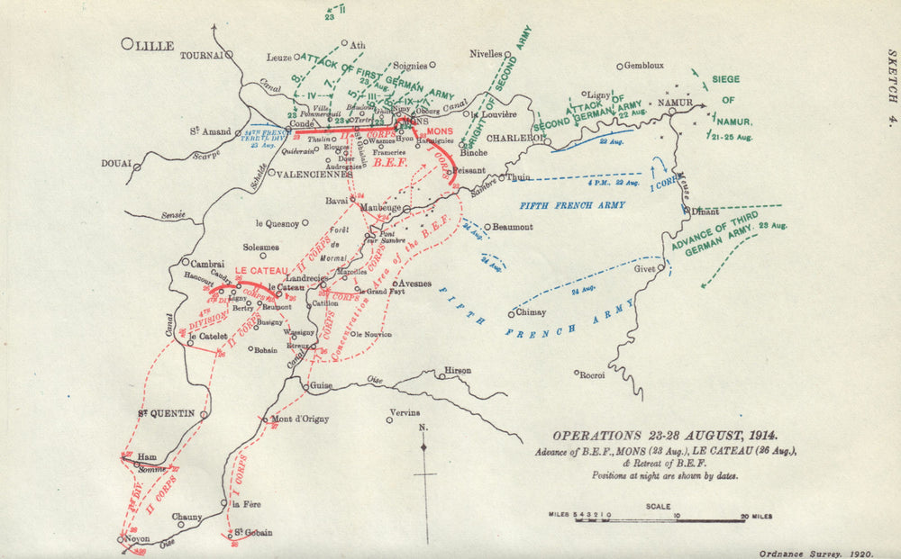 Operations 23-28 August, 1914. B.E.F. Mons. Le Cateau. First World War. 1933 map