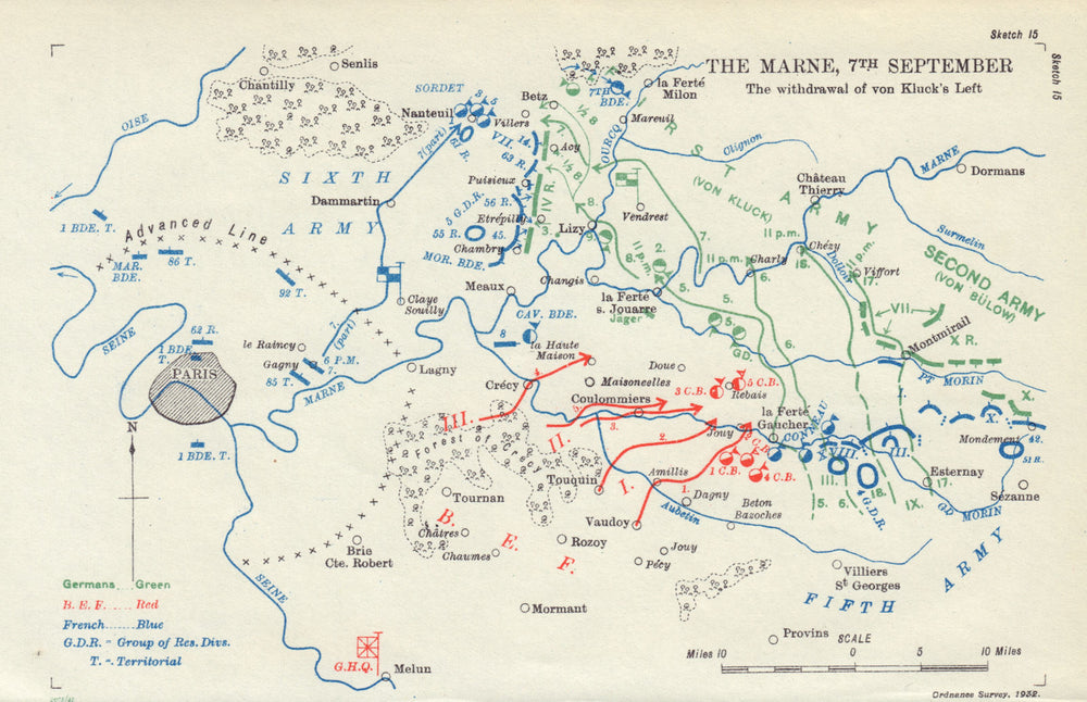 Battle of the Marne 7th September 1914. Withdrawal of von Kluck's Left 1933 map