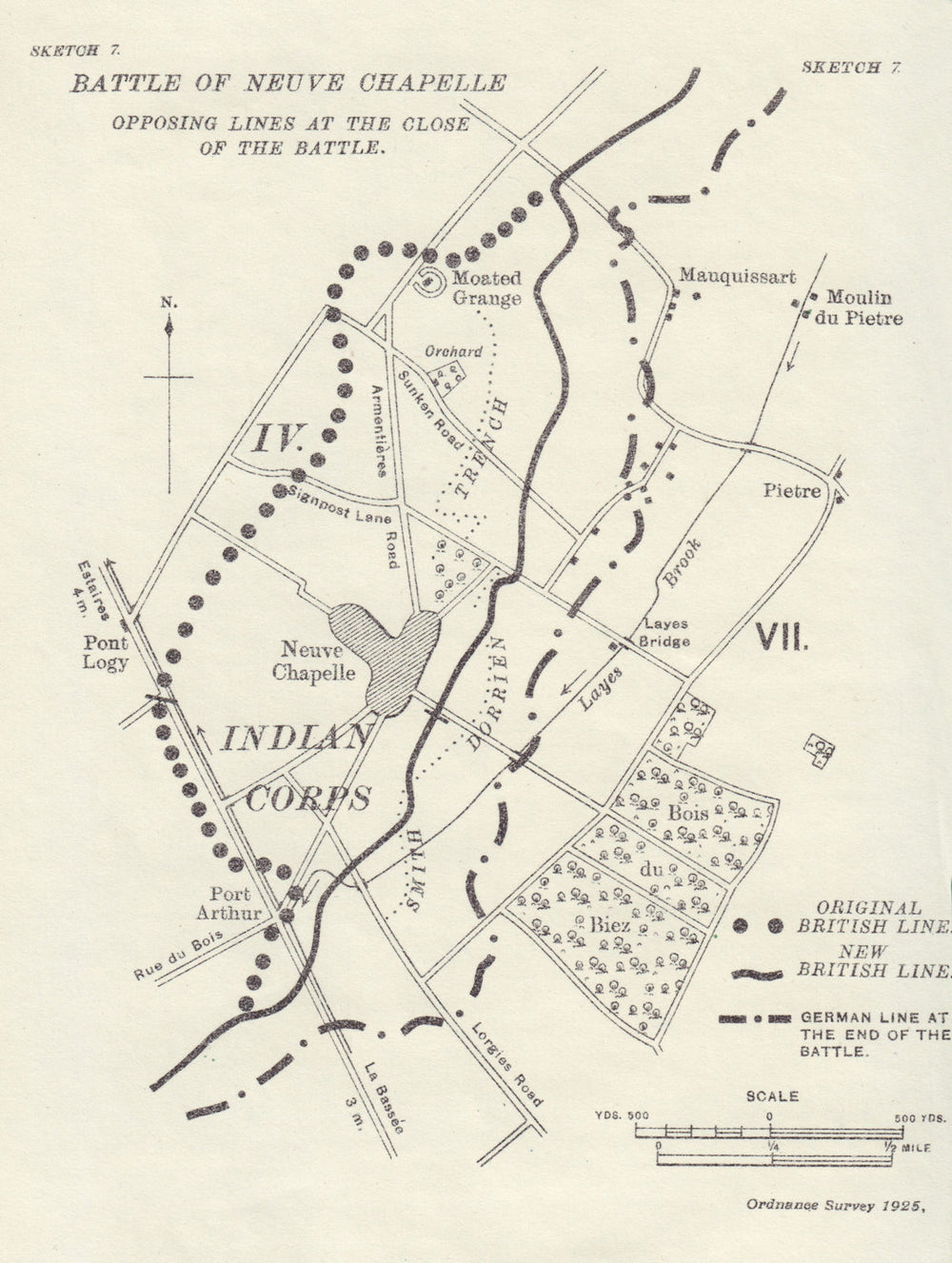 Battle of Neuve Chapelle. Lines at Close of Battle 1915. Trenches 1927 old map