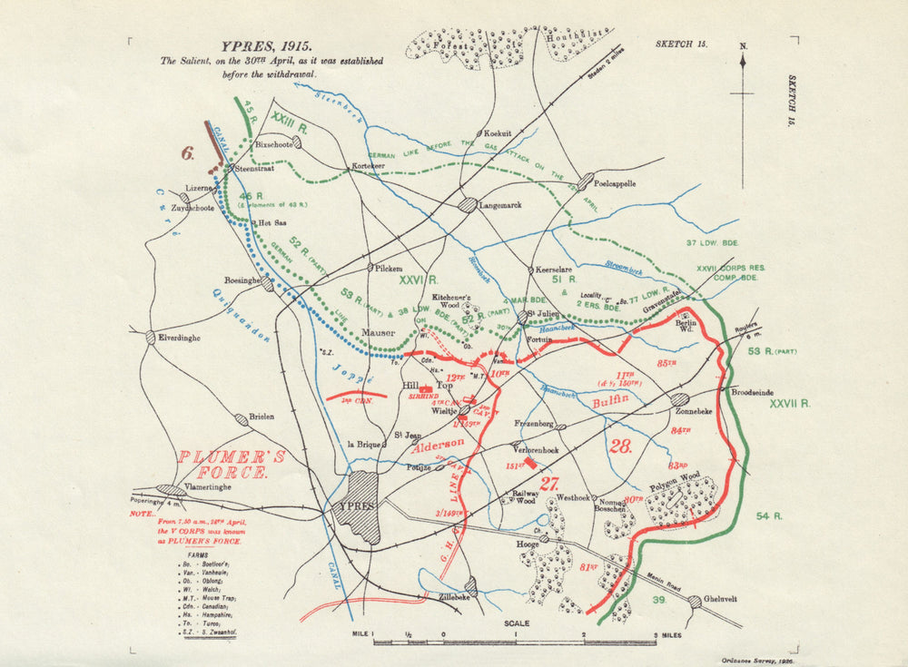 Ypres Salient, 30th April 1915 before withdrawal. First World War. 1927 map