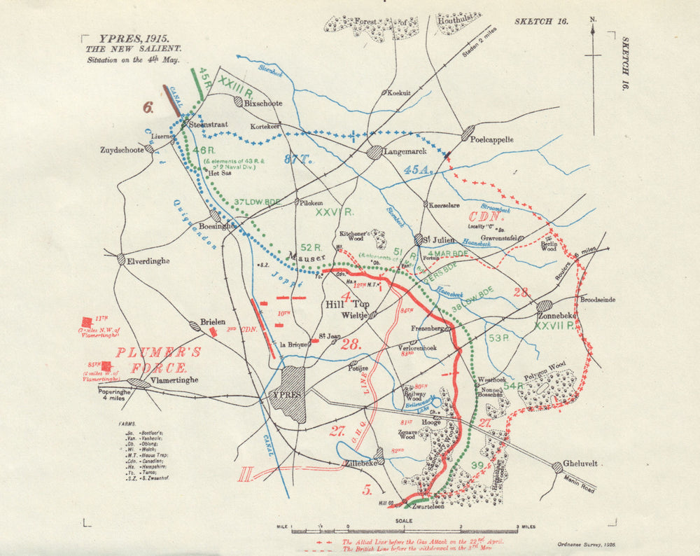 Ypres, new salient. Situation 4th May 1915. First World War. 1927 old map