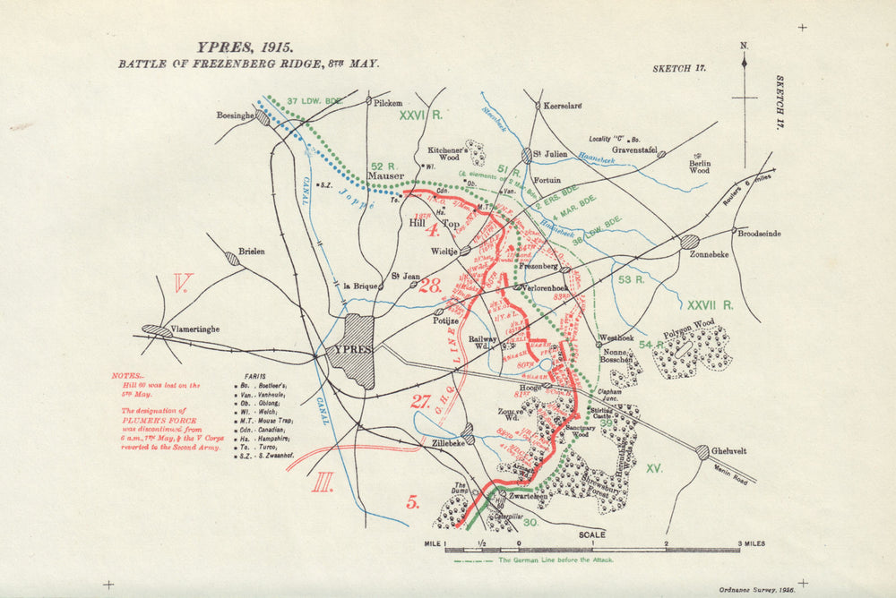 Battle of Frezenberg Ridge, 8th May 1915. Ypres. First World War. 1927 old map