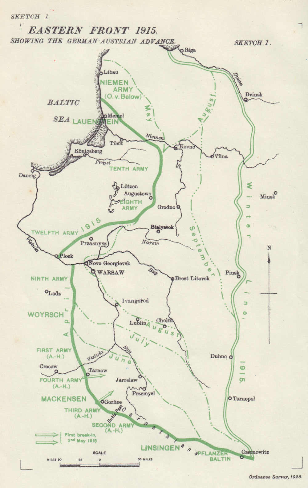 Eastern Front 1915; German-Austrian advance. First World War. Poland 1928 map