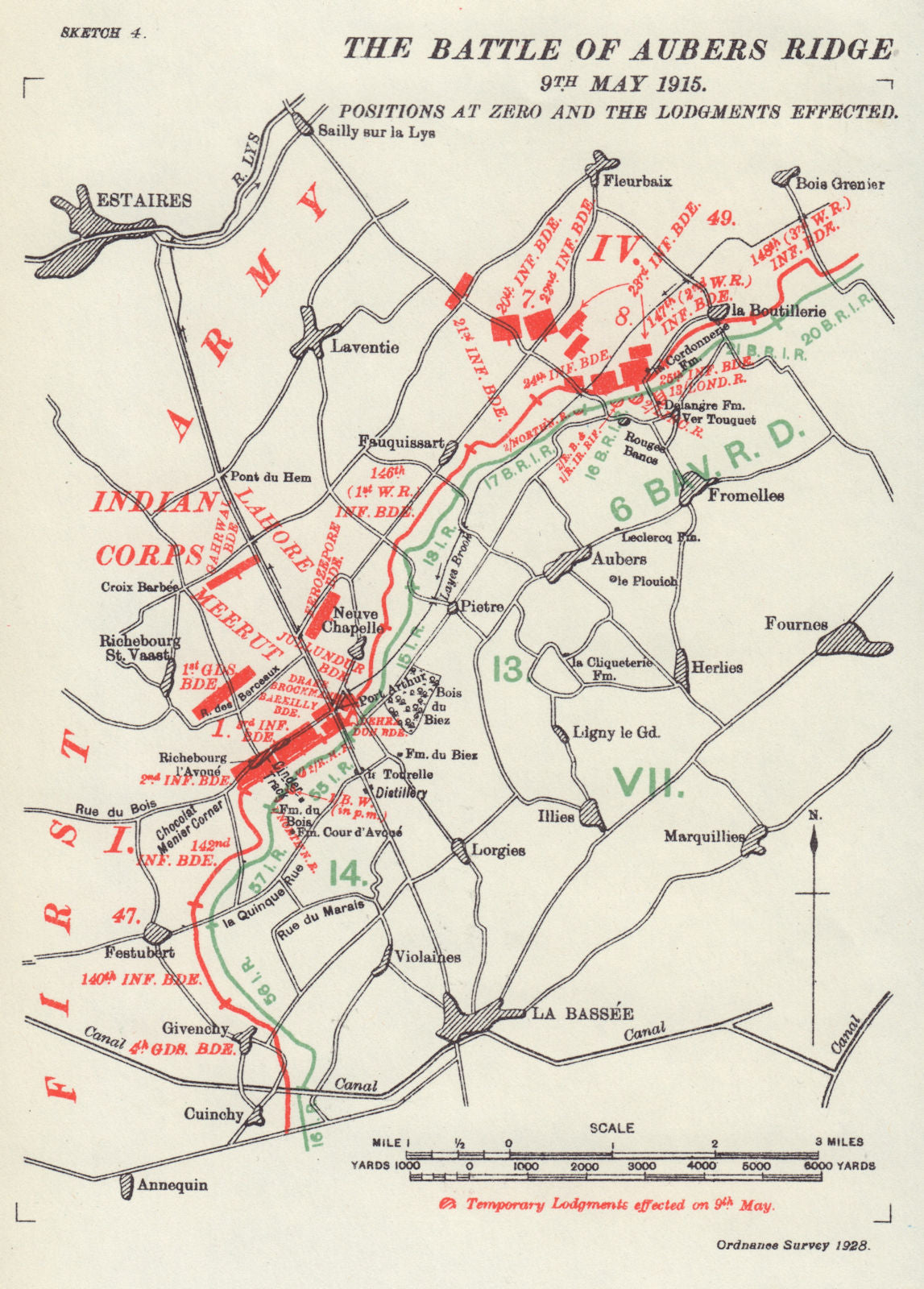 Battle of Aubers Ridge 9th May 1915. Positions at zero. WW1. 1928 old ...