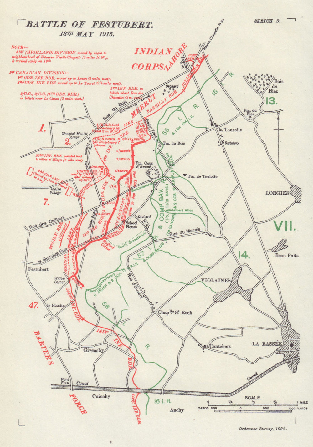 Battle of Festubert. 18th May 1915. First World War. Trenches 1928 old map