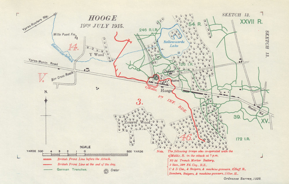 Hooge, 19th July 1915. Bellawaarde. First World War. Trenches 1928 old map