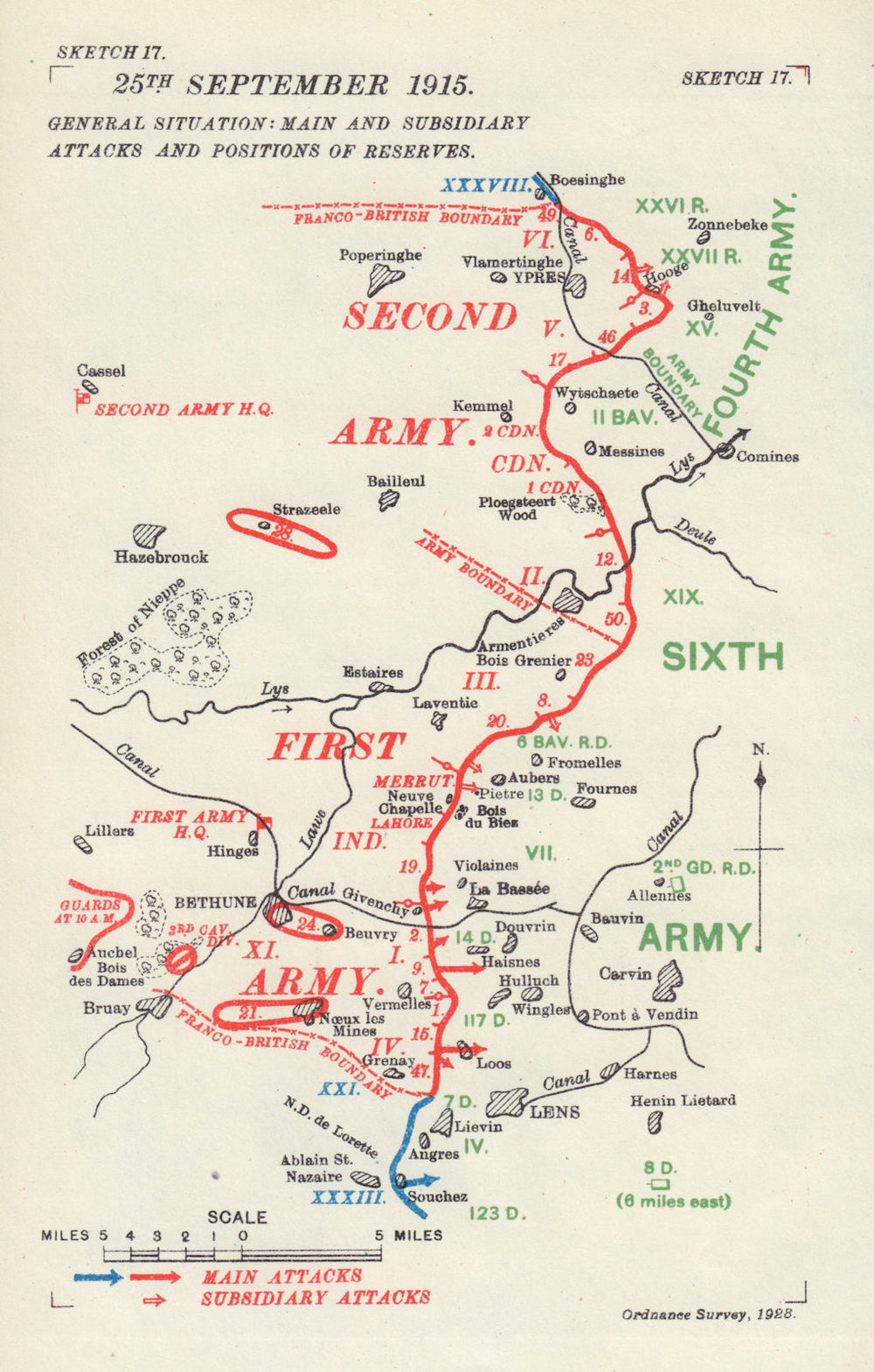 Western Front 25th September 1915. Attacks & Reserves. First World War. 1928 map