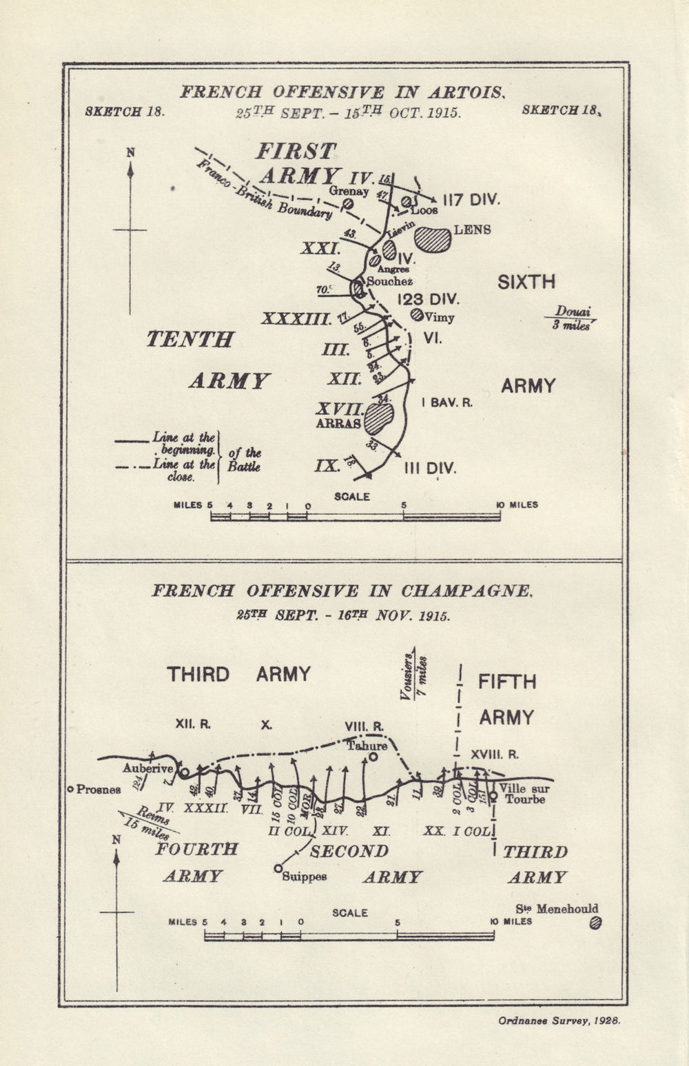 Battle of Artois 25 Sept-15 Oct 1915 & Champagne 25 Sept-16 Nov 1915 1928 map
