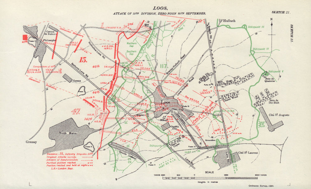 Battle of Loos, 15th Division attack, Zero-Noon 25th Sept 1915 Trenches 1928 map
