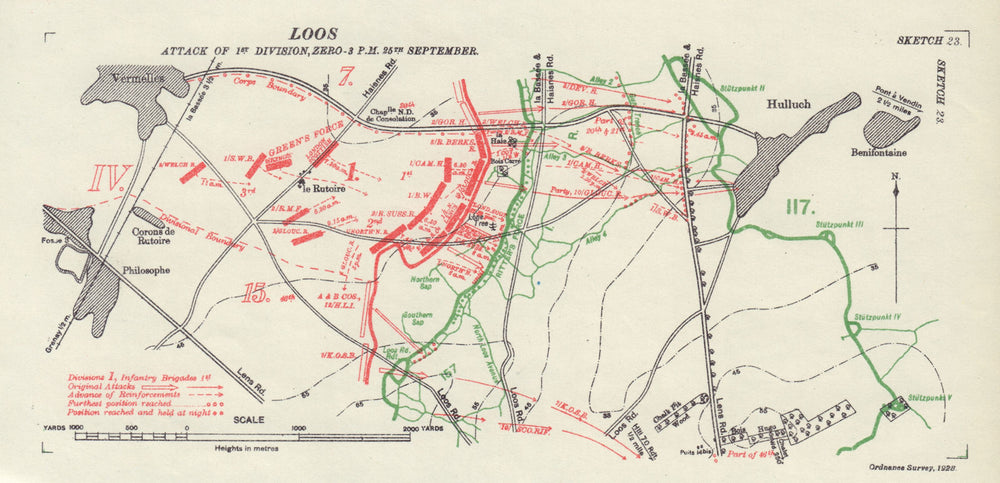 Battle of Loos, 1st Division attack, Zero-3pm 25th Sept 1915. Trenches 1928 map
