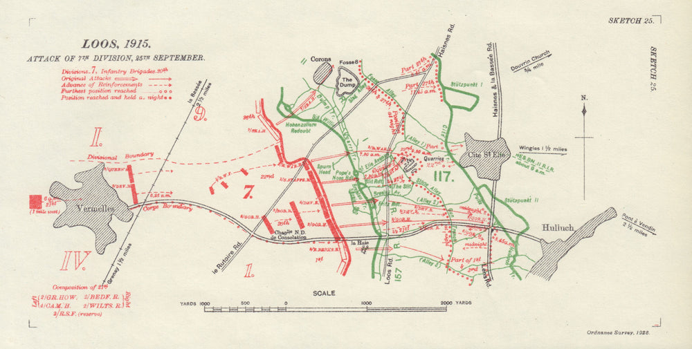 Battle of Loos, 7th Division attack, 25th September 1915. WW1. Trenches 1928 map