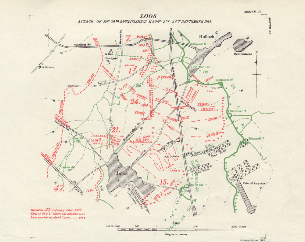 Battle of Loos 21/24 Divisions attack 11:30am-2pm 26 Sept 1915 Trenches 1928 map