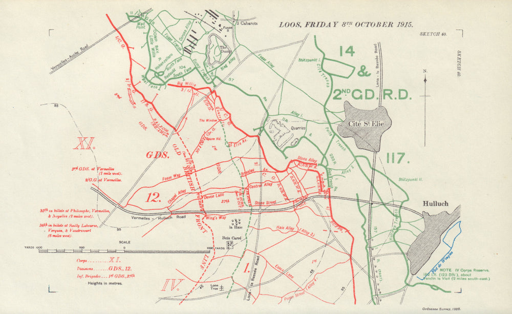 Battle of Loos, Friday 8th October 1915. WW1. Trenches 1928 old vintage map