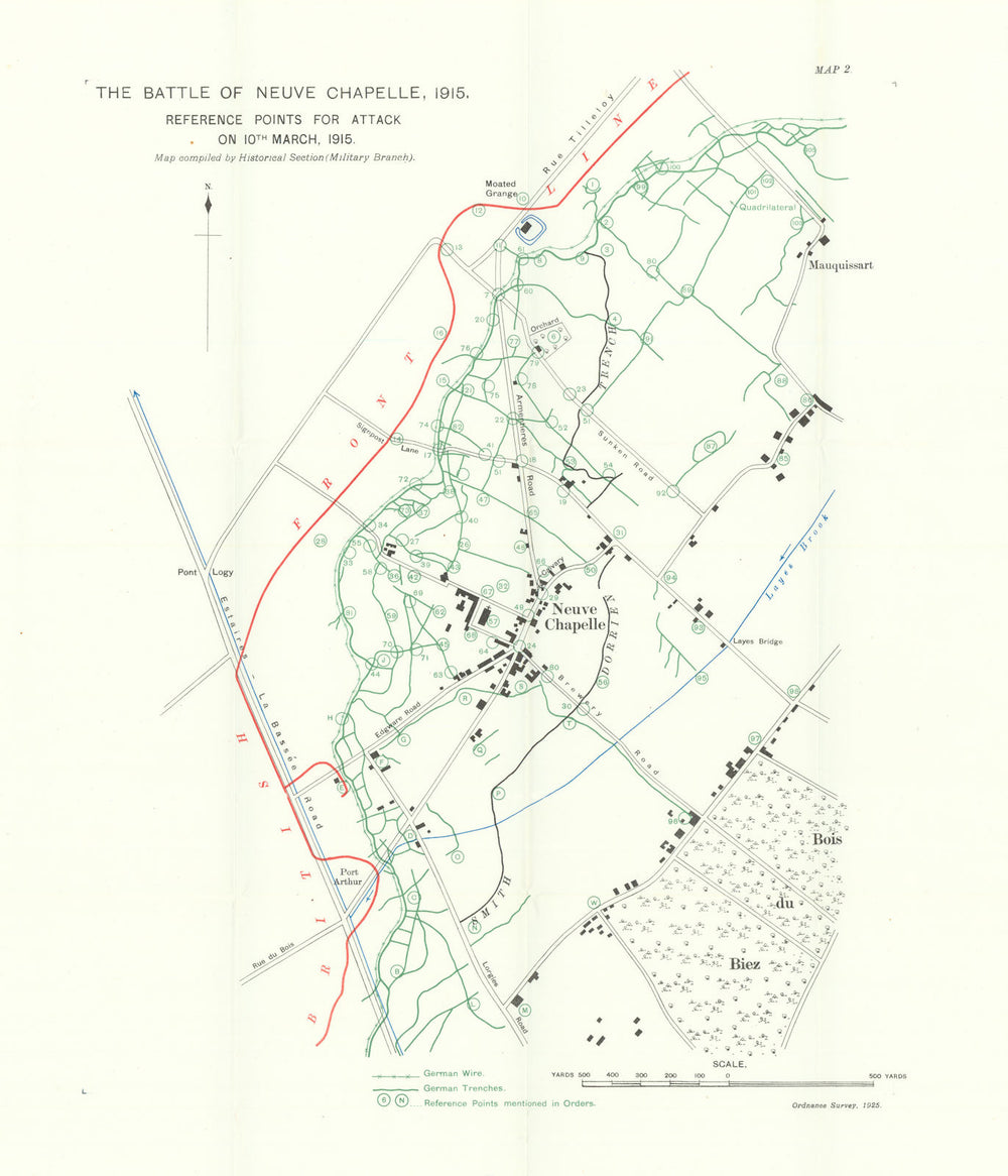 Battle of Neuve Chapelle. Attack 10th March 1915. Trenches 1928 old map