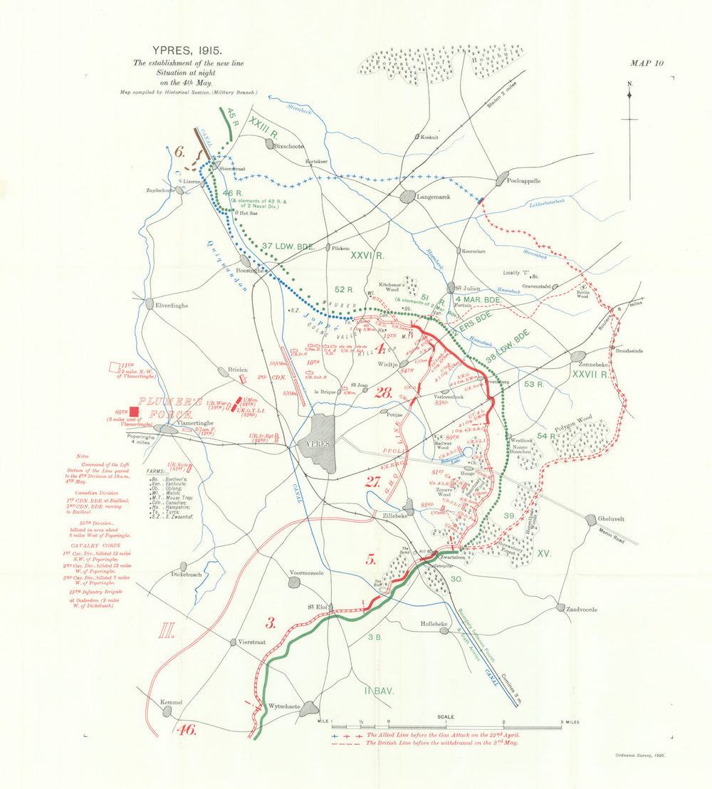 Battle of Ypres. Situation at night on 4th May 1915. First World War. 1928 map