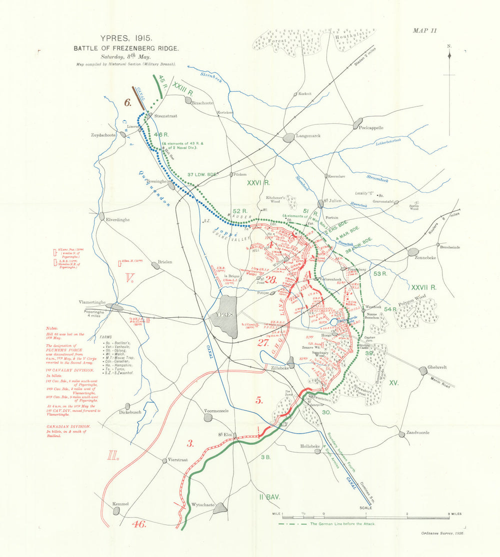 Ypres. Battle of Frezenberg Ridge, 8th May 1915. First World War. 1928 old map