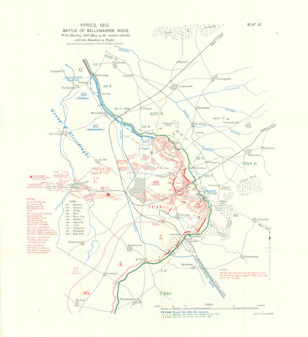 Battle of Bellewaarde Ridge, 24th May 1915 night. Ypres. WW1. 1928 old map